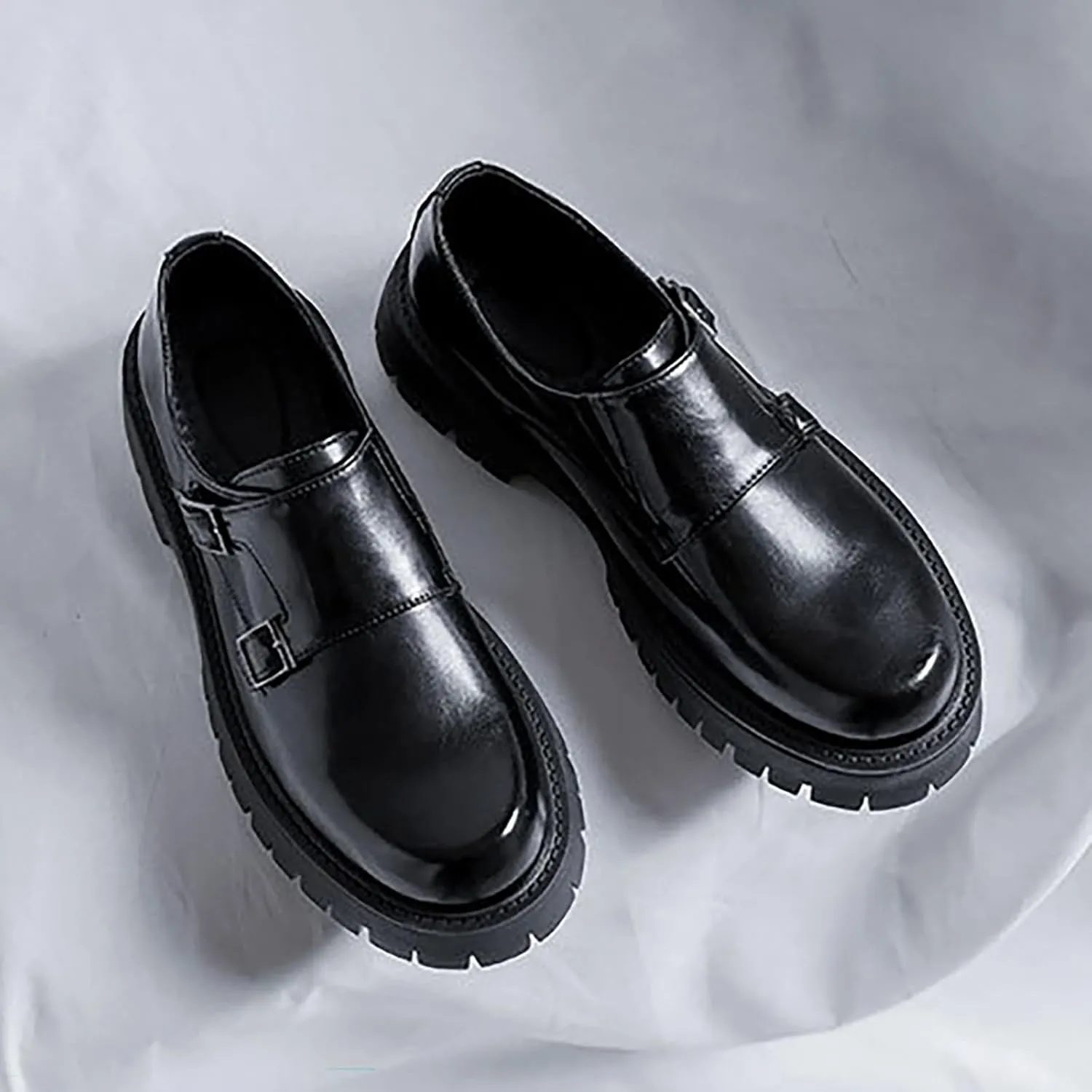 Men's Black Leather Platform Oxfords - Low Top Slip On Double Monk Strap Dress Shoes - Comfort Non-Slip, for Business Party Daily Wear