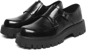 Men's Black Leather Platform Oxfords - Low Top Slip On Double Monk Strap Dress Shoes - Comfort Non-Slip, for Business Party Daily Wear