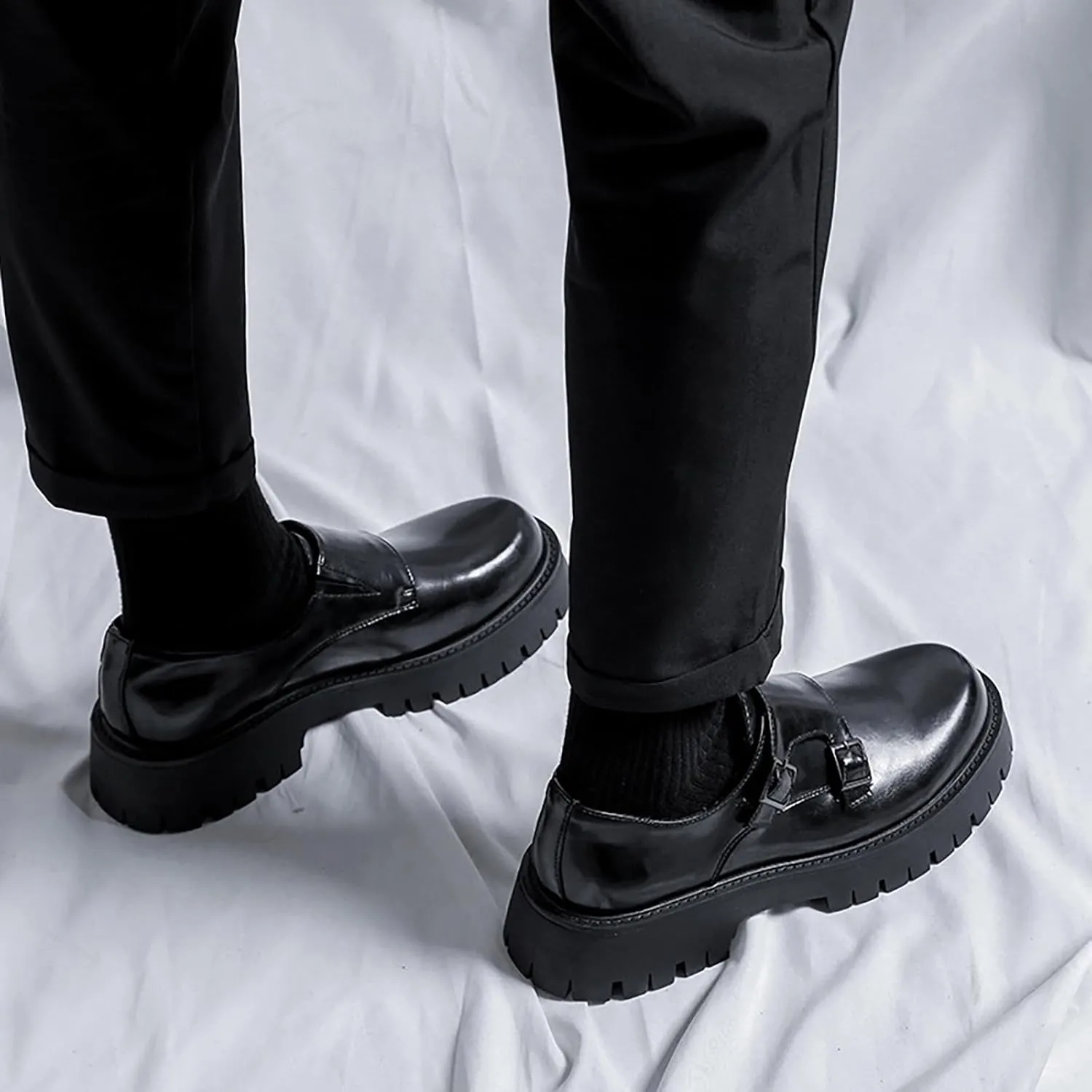 Men's Black Leather Platform Oxfords - Low Top Slip On Double Monk Strap Dress Shoes - Comfort Non-Slip, for Business Party Daily Wear