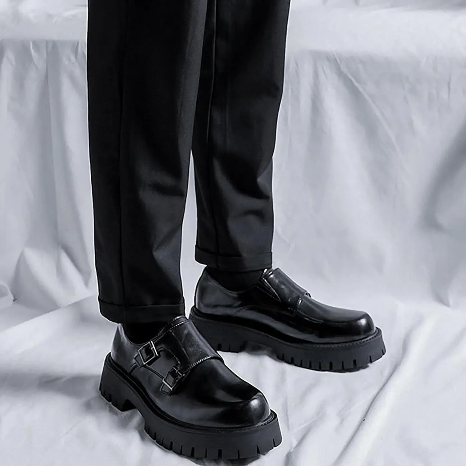 Men's Black Leather Platform Oxfords - Low Top Slip On Double Monk Strap Dress Shoes - Comfort Non-Slip, for Business Party Daily Wear