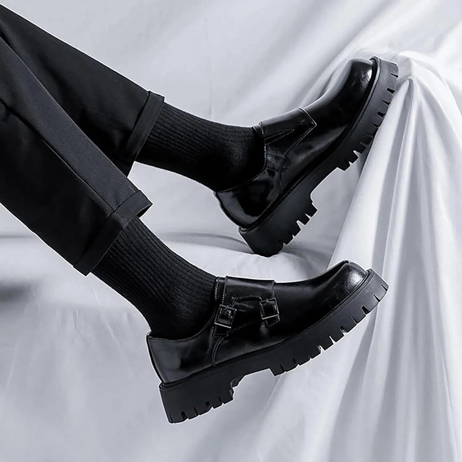 Men's Black Leather Platform Oxfords - Low Top Slip On Double Monk Strap Dress Shoes - Comfort Non-Slip, for Business Party Daily Wear