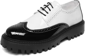 Mens Brogue Leather Oxford Two Tone Platform Boots Hidden Height Increase Black and White Vintage Dress Shoes for Teenagers Daily Wear Streetwear Party Outfits