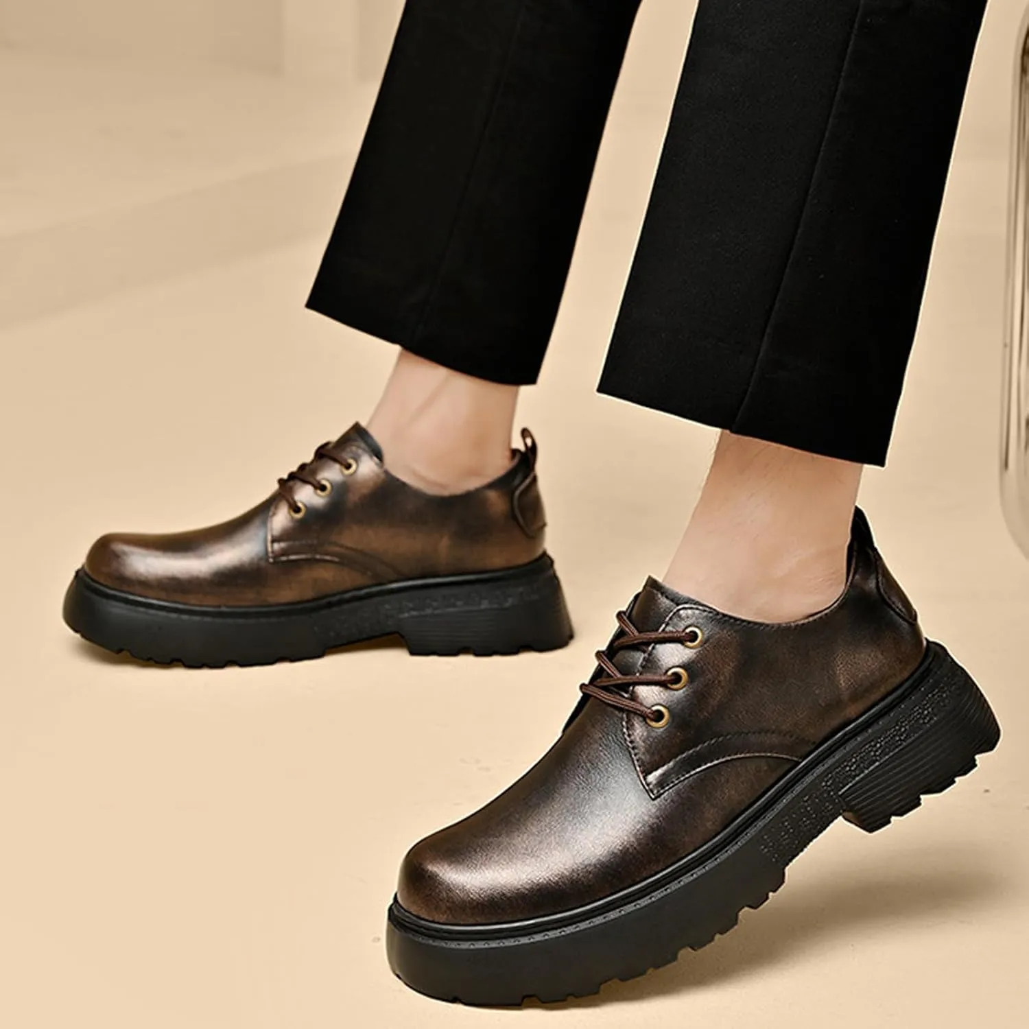 Men's Leather Chunky Platform Monk Buckle Penny Loafers Retro Round Head Comfortable Lug Sole Non-Slip One-Step Business Wedding Party Formal Shoes