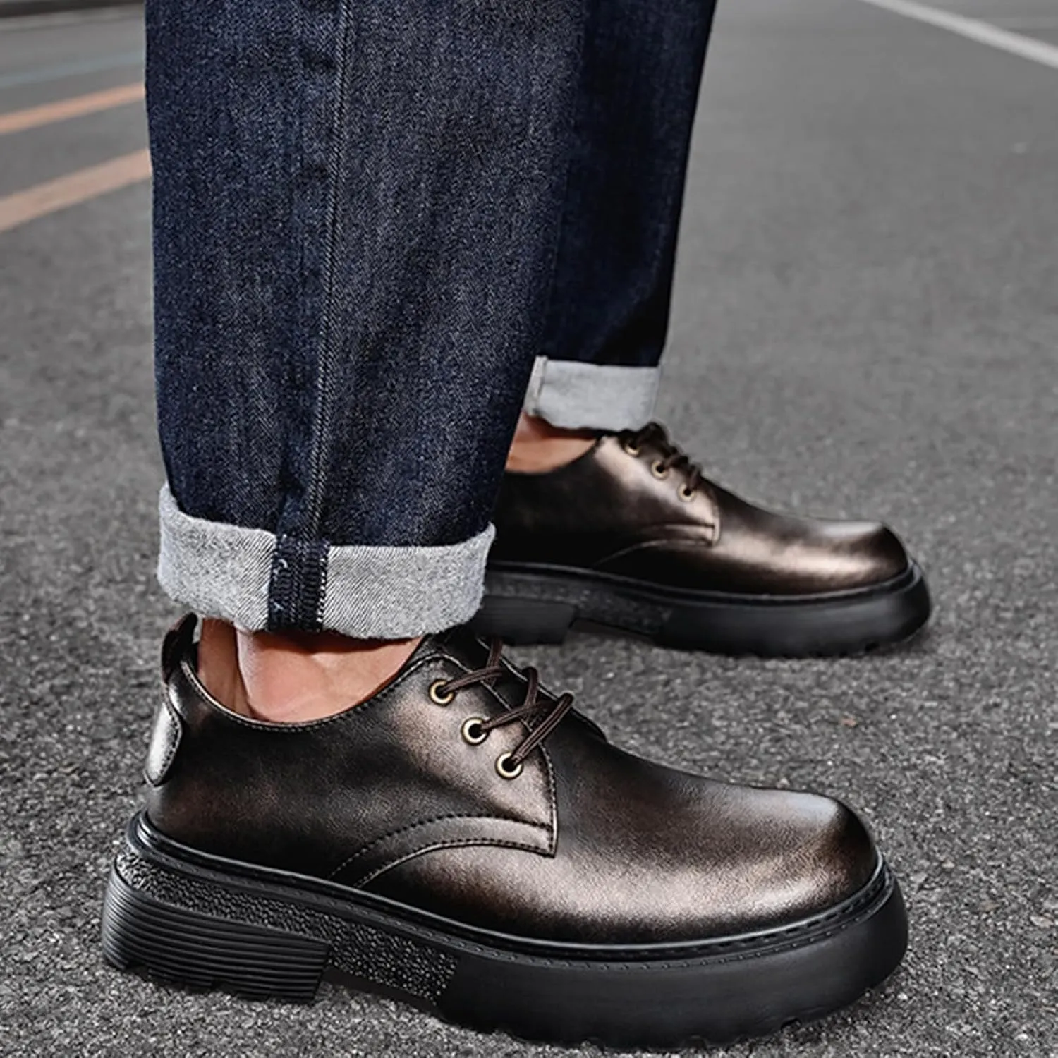 Men's Leather Chunky Platform Monk Buckle Penny Loafers Retro Round Head Comfortable Lug Sole Non-Slip One-Step Business Wedding Party Formal Shoes
