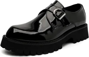 Men's Leather Platform Slip-On Loafers Fashion Monk Buckle Round Toe Lug Sole Penny Shoes Casual Business Work Flatform Dress Shoes