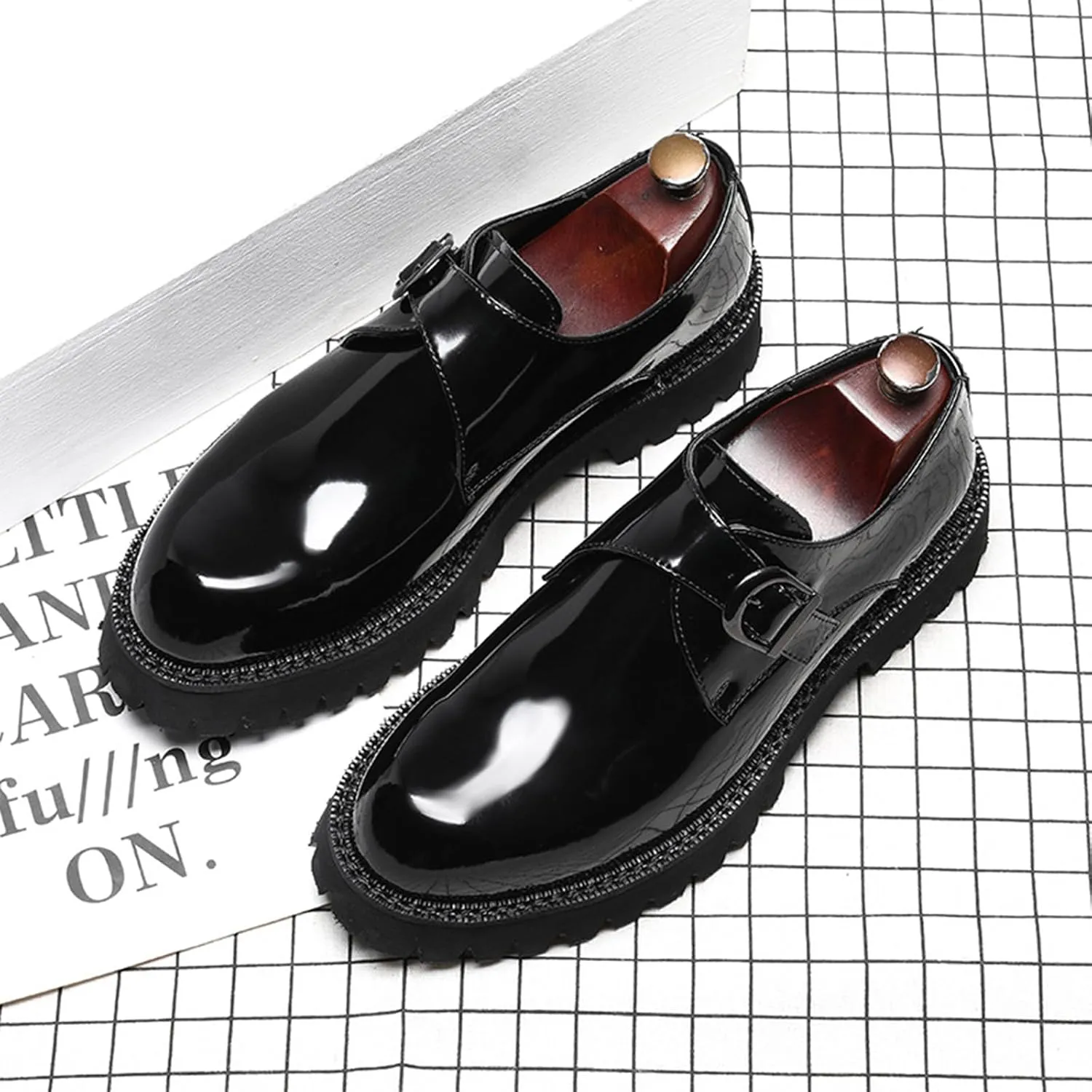 Men's Leather Platform Slip-On Loafers Fashion Monk Buckle Round Toe Lug Sole Penny Shoes Casual Business Work Flatform Dress Shoes
