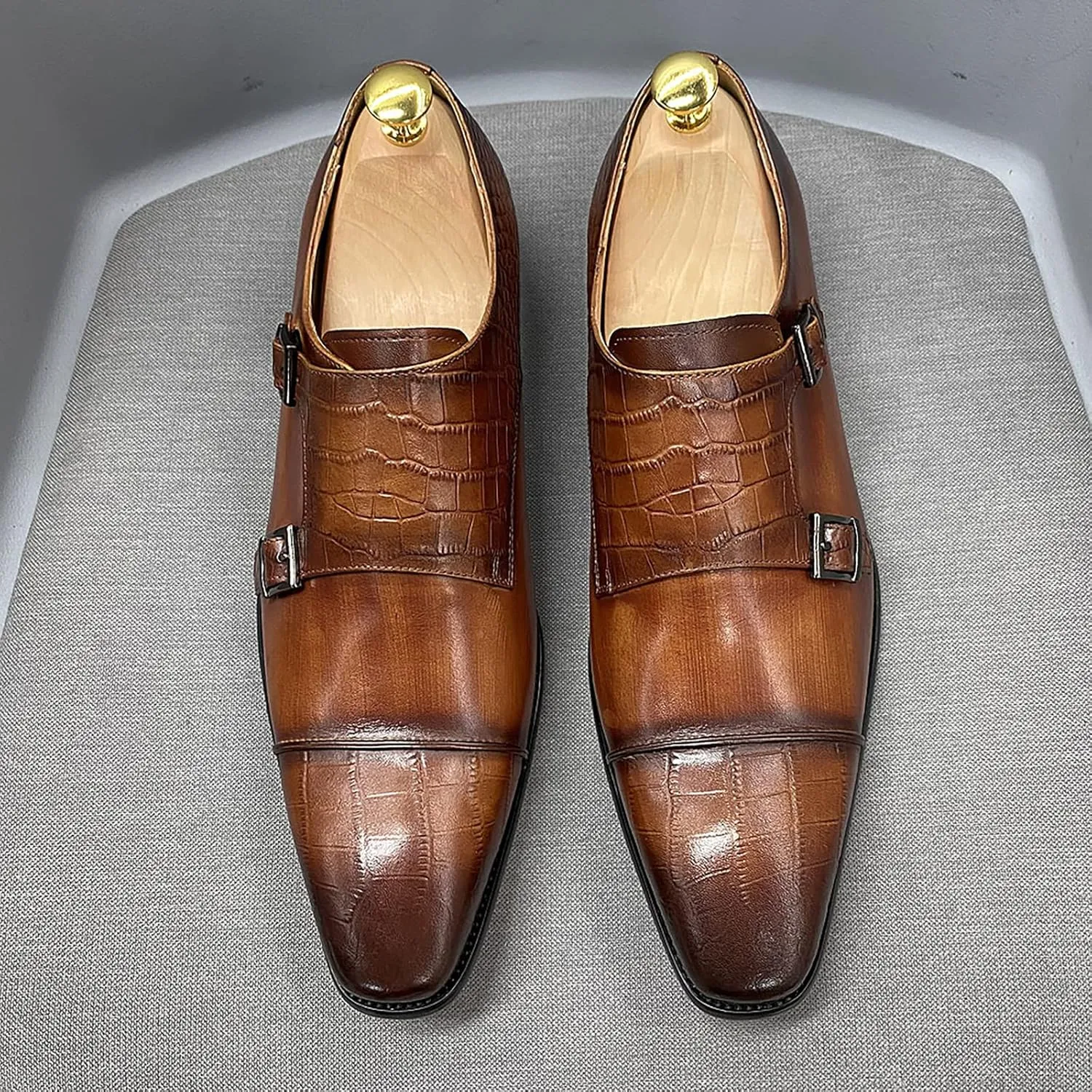 Mens Loafers Dress Shoes Leather Slip On Moccasion Double Buckle Monk Shoe Non-Slip Business Office Formal,Brown-38