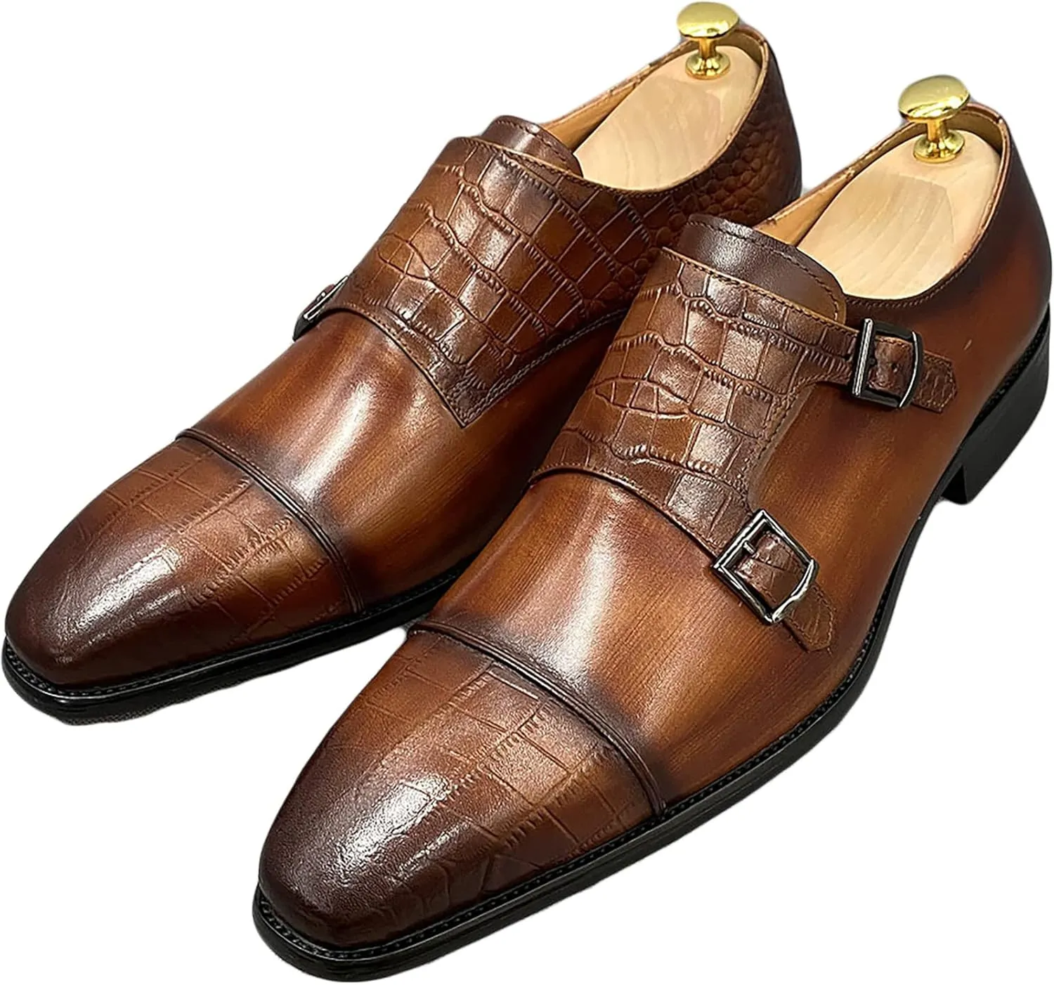 Mens Loafers Dress Shoes Leather Slip On Moccasion Double Buckle Monk Shoe Non-Slip Business Office Formal,Brown-38