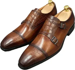 Mens Loafers Dress Shoes Leather Slip On Moccasion Double Buckle Monk Shoe Non-Slip Business Office Formal,Brown-38