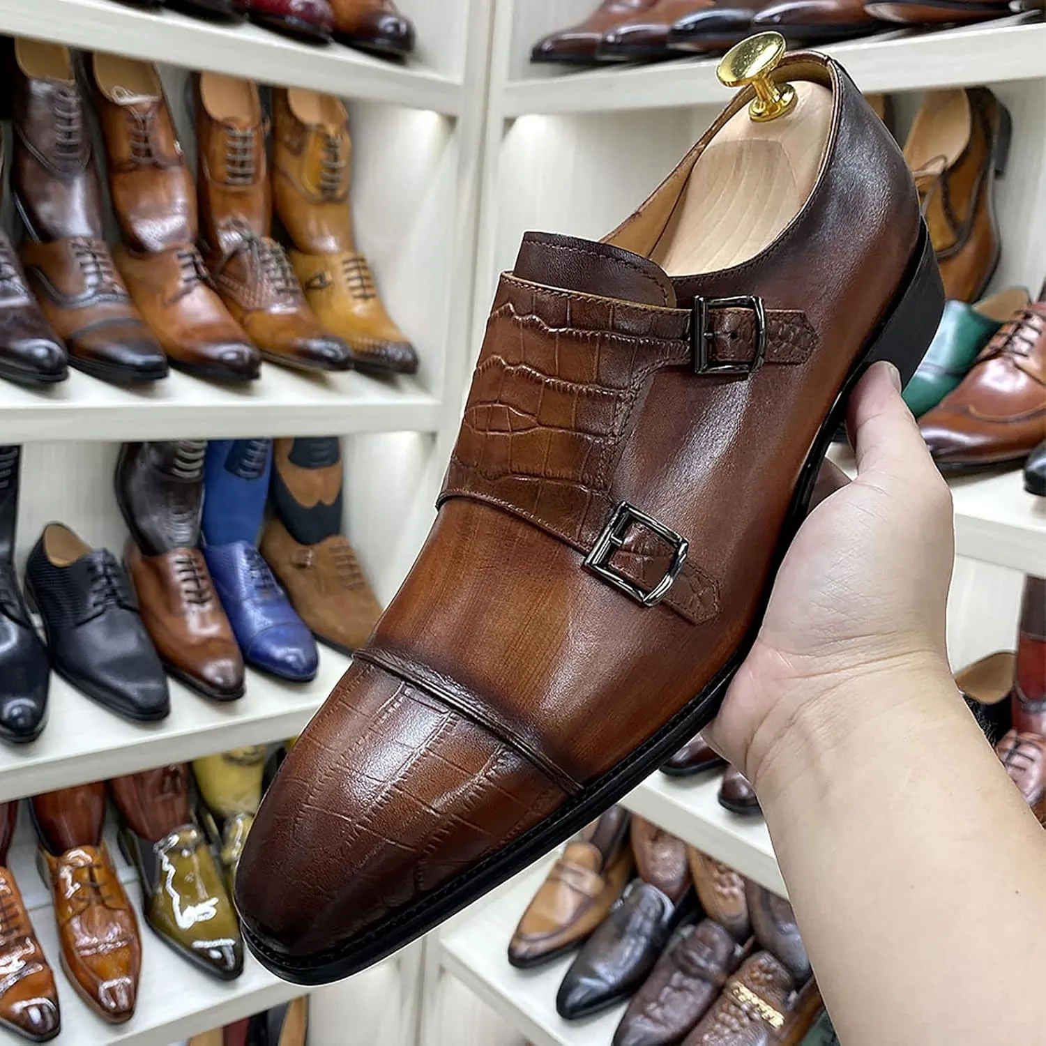 Mens Loafers Dress Shoes Leather Slip On Moccasion Double Buckle Monk Shoe Non-Slip Business Office Formal,Brown-38