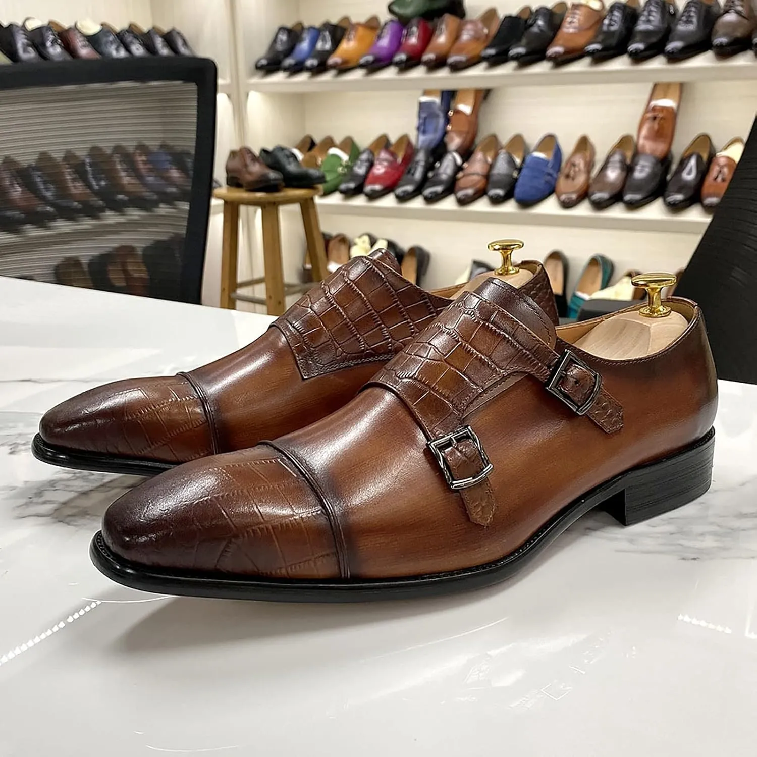 Mens Loafers Dress Shoes Leather Slip On Moccasion Double Buckle Monk Shoe Non-Slip Business Office Formal,Brown-38