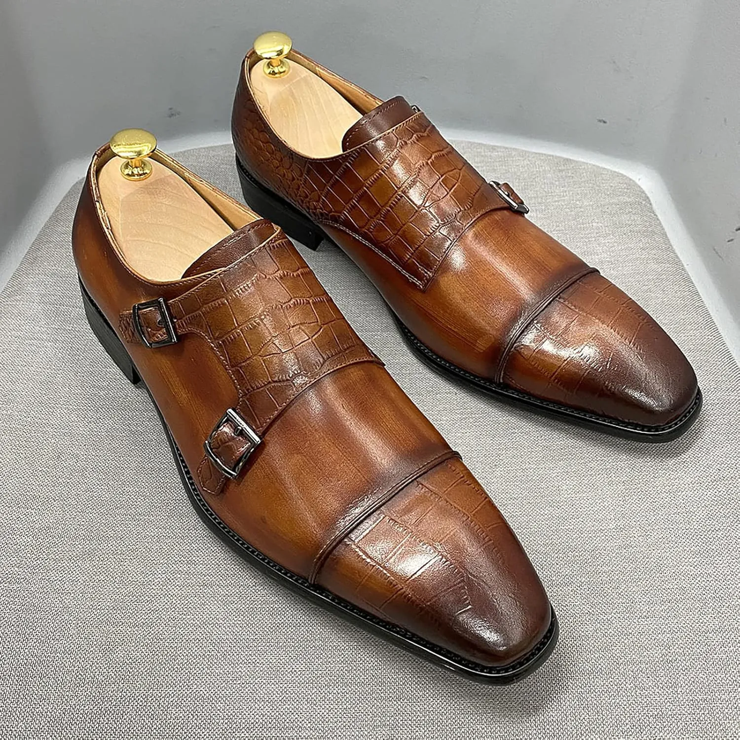 Mens Loafers Dress Shoes Leather Slip On Moccasion Double Buckle Monk Shoe Non-Slip Business Office Formal,Brown-38