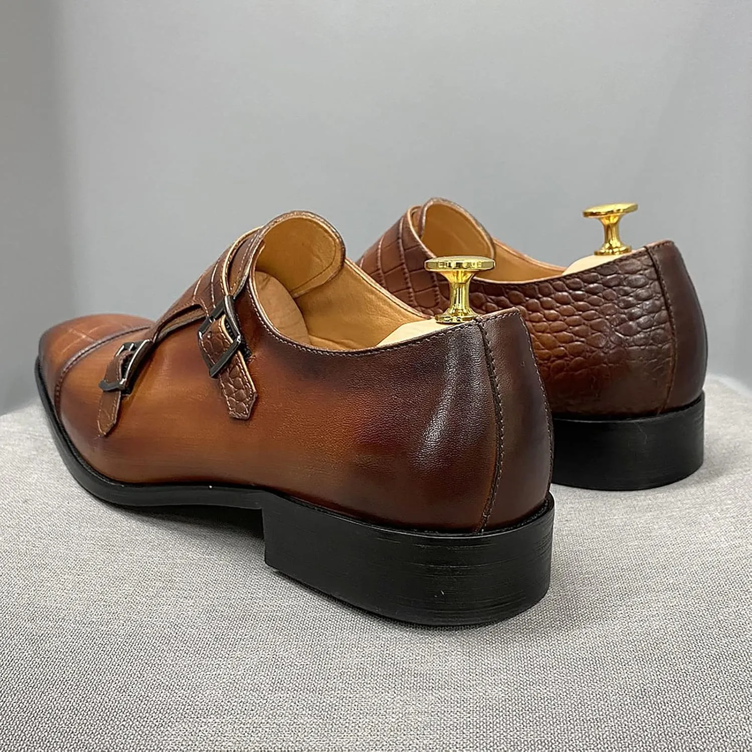 Mens Loafers Dress Shoes Leather Slip On Moccasion Double Buckle Monk Shoe Non-Slip Business Office Formal,Brown-38