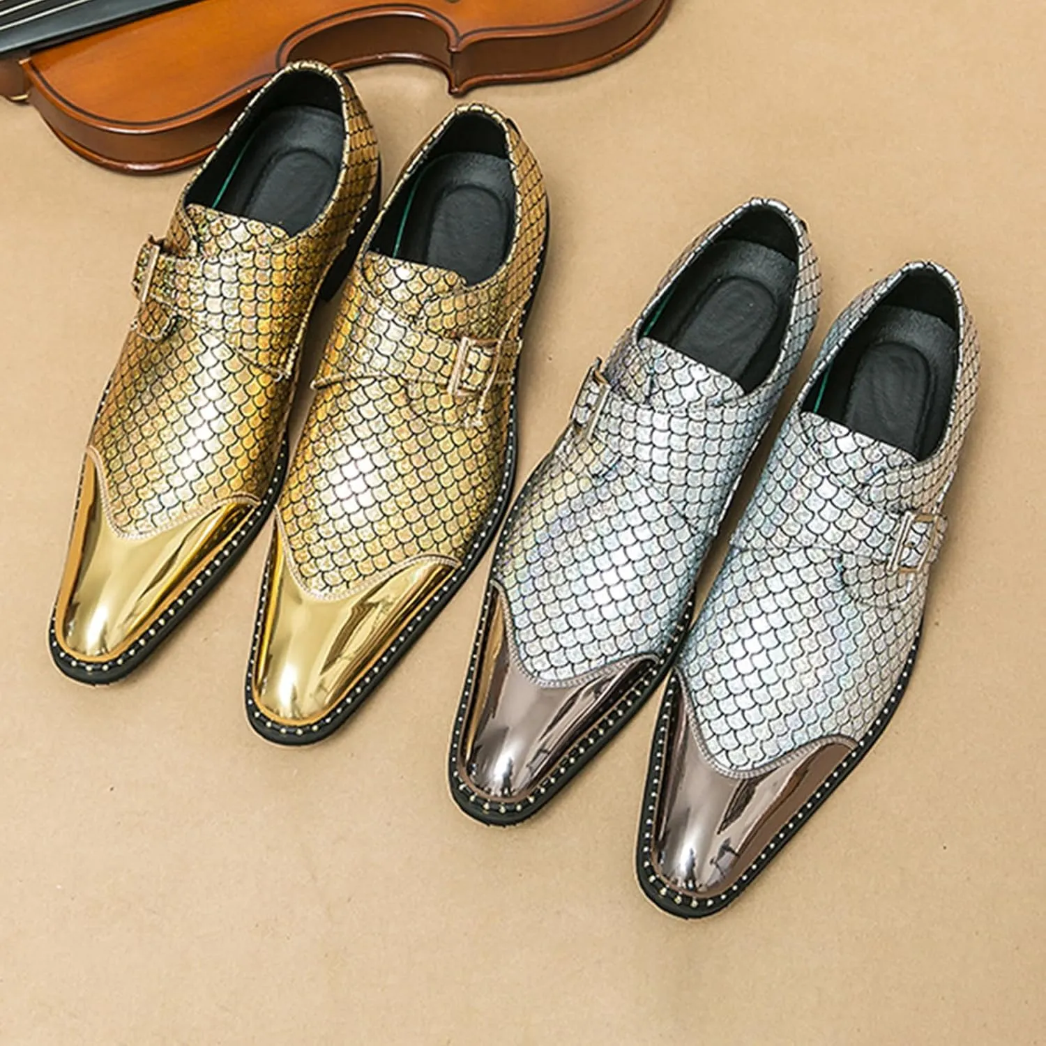 Men's Patent Leather Printed Chunky Heel Party Loafers with Monk Buckle Fashion Cap Toe Point Toe Block Low Heel Slip-On Dress Oxfords for Business Work Formal