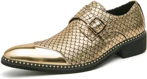 Men's Patent Leather Printed Chunky Heel Party Loafers with Monk Buckle Fashion Cap Toe Point Toe Block Low Heel Slip-On Dress Oxfords for Business Work Formal