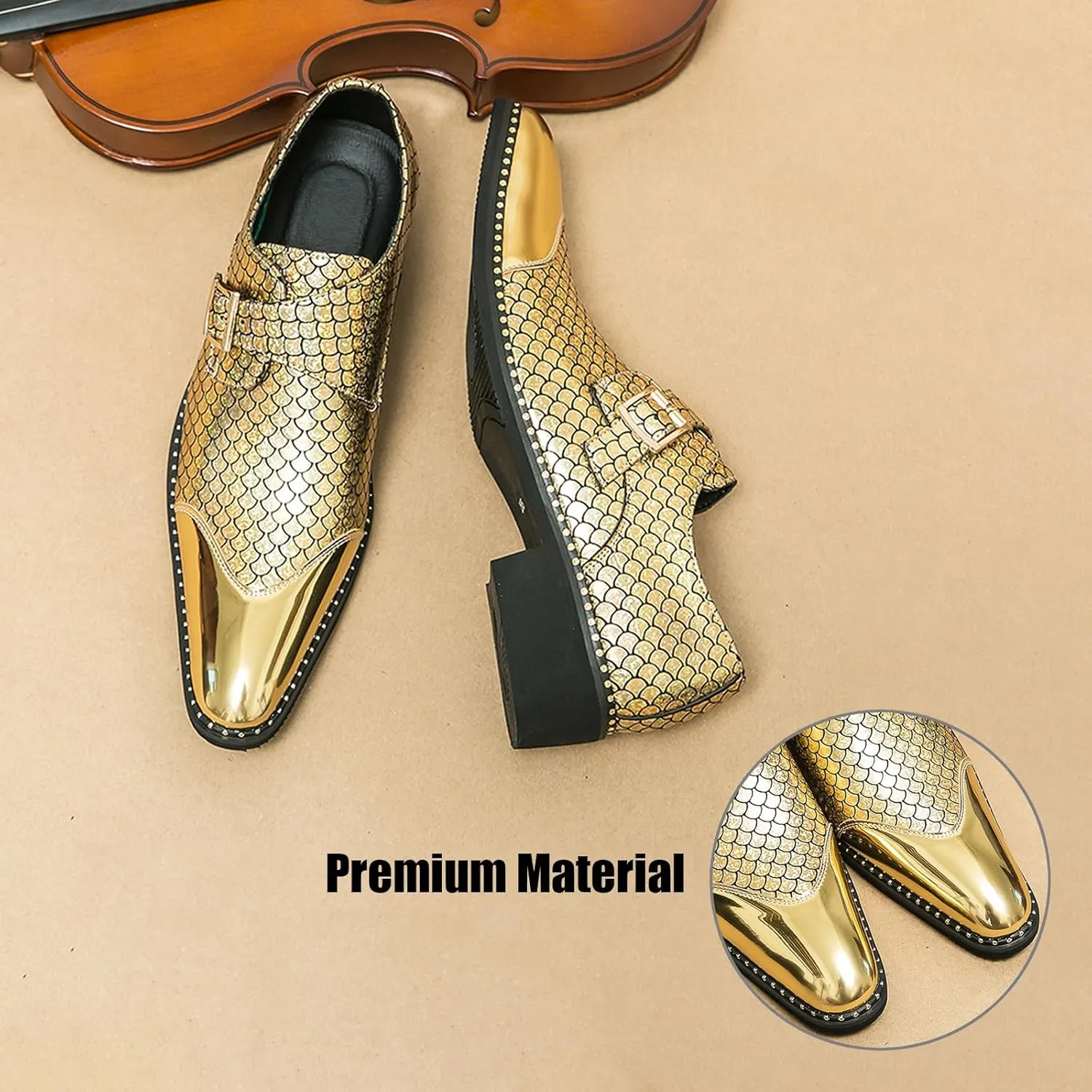 Men's Patent Leather Printed Chunky Heel Party Loafers with Monk Buckle Fashion Cap Toe Point Toe Block Low Heel Slip-On Dress Oxfords for Business Work Formal