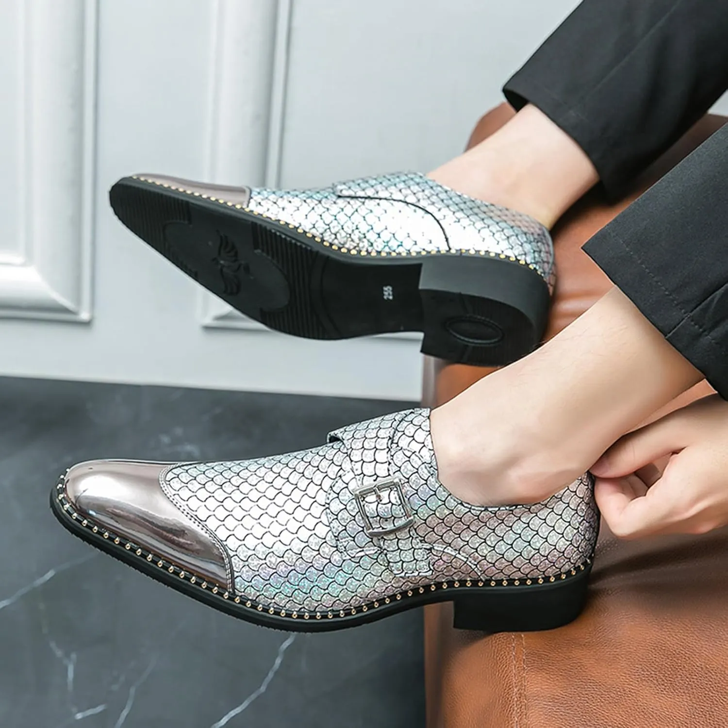Men's Patent Leather Printed Chunky Heel Party Loafers with Monk Buckle Fashion Cap Toe Point Toe Block Low Heel Slip-On Dress Oxfords for Business Work Formal