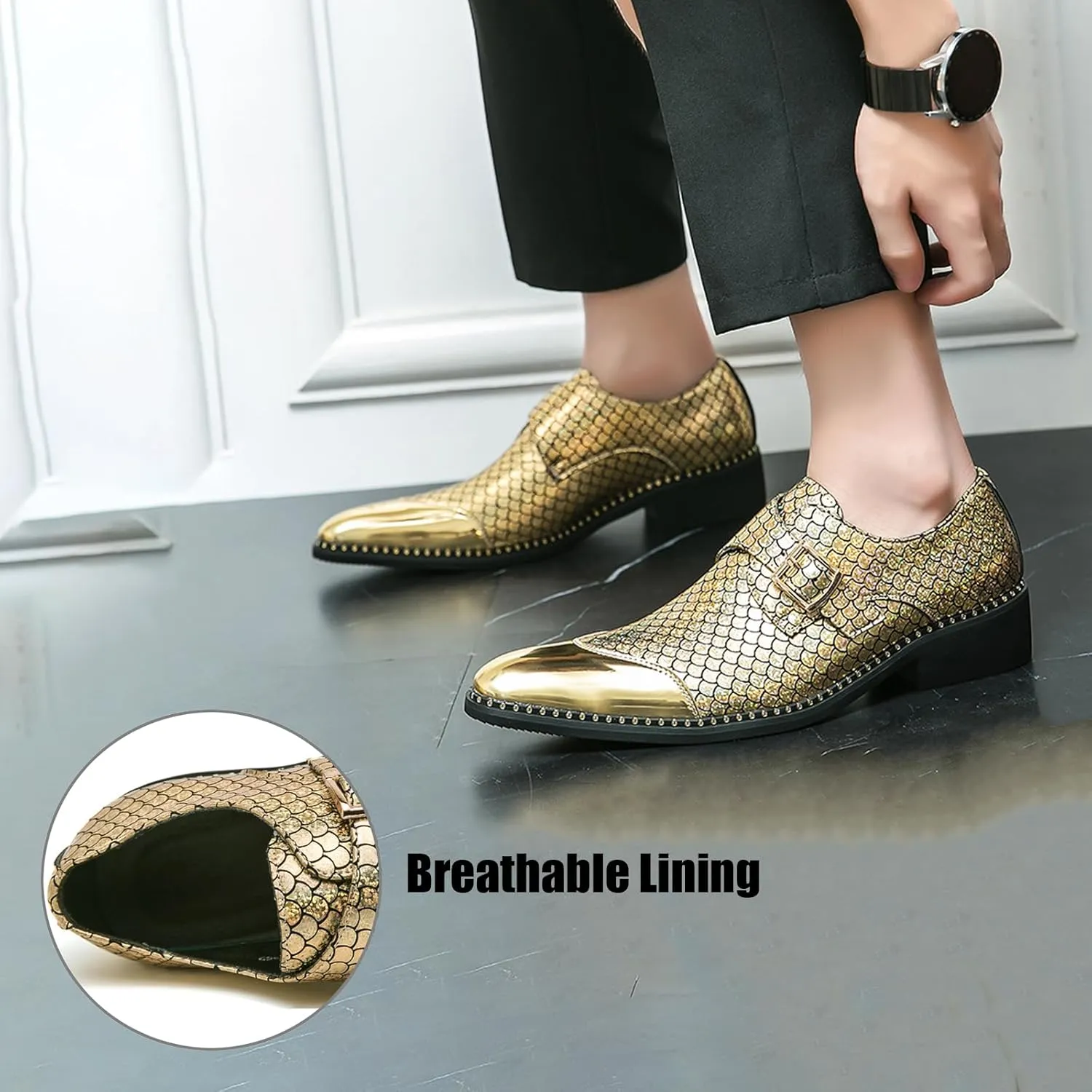 Men's Patent Leather Printed Chunky Heel Party Loafers with Monk Buckle Fashion Cap Toe Point Toe Block Low Heel Slip-On Dress Oxfords for Business Work Formal