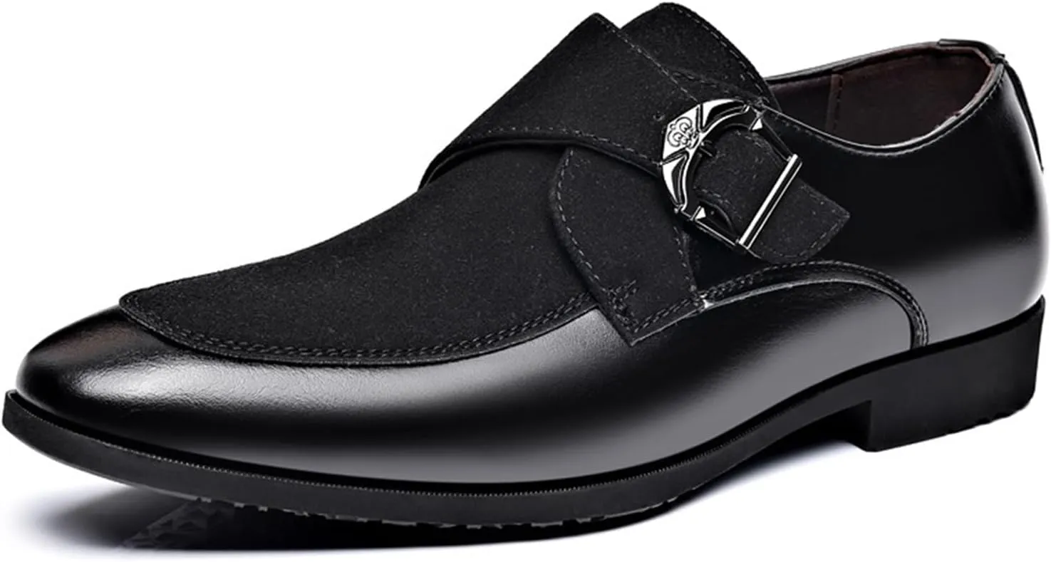 Men's Splicing Leather Low Heel Loafers Pointed Toe Monk Buckle Lightweight Non-Slip Slip On Casual Shoes for Work Business Dress Shoes