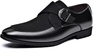 Men's Splicing Leather Low Heel Loafers Pointed Toe Monk Buckle Lightweight Non-Slip Slip On Casual Shoes for Work Business Dress Shoes