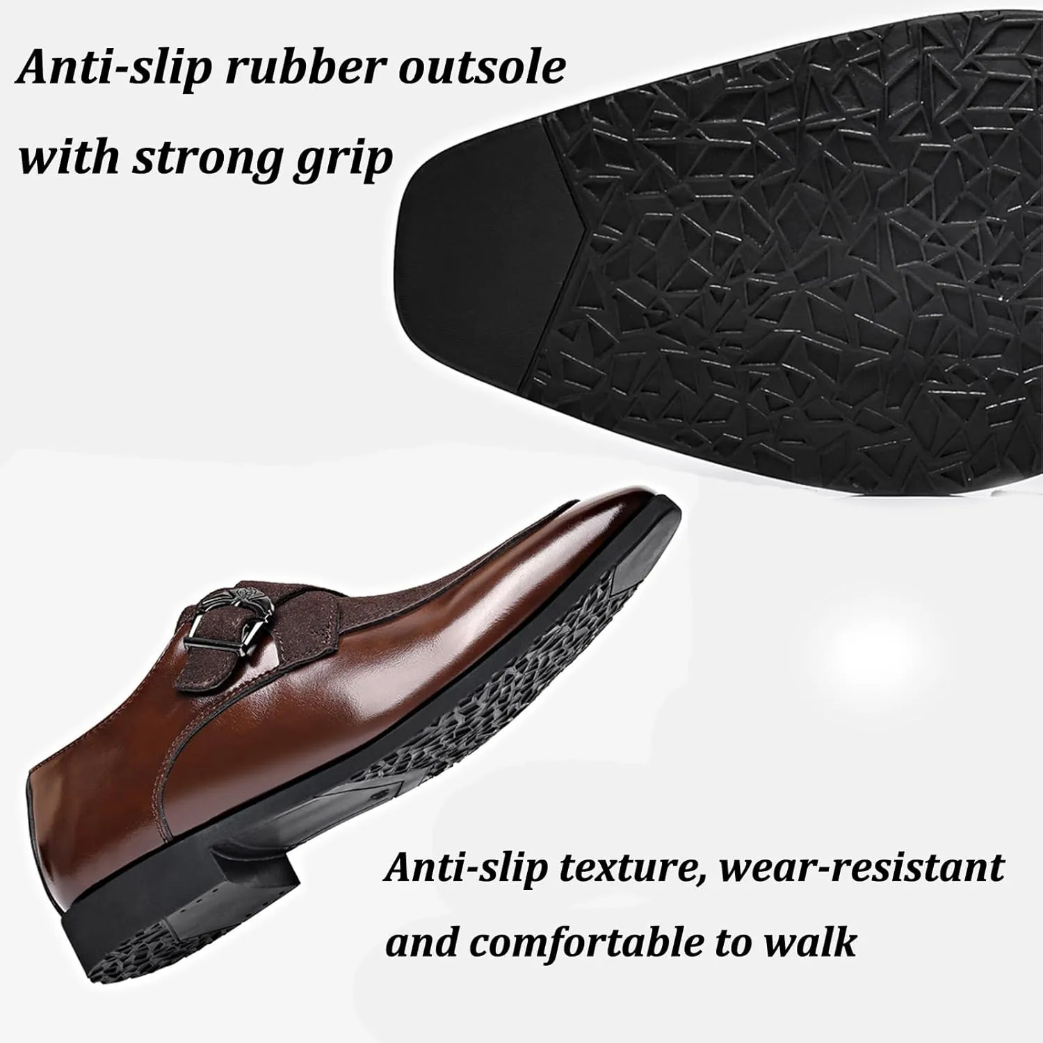 Men's Splicing Leather Low Heel Loafers Pointed Toe Monk Buckle Lightweight Non-Slip Slip On Casual Shoes for Work Business Dress Shoes