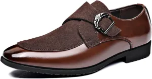Men's Splicing Leather Low Heel Loafers Pointed Toe Monk Buckle Lightweight Non-Slip Slip On Casual Shoes for Work Business Dress Shoes