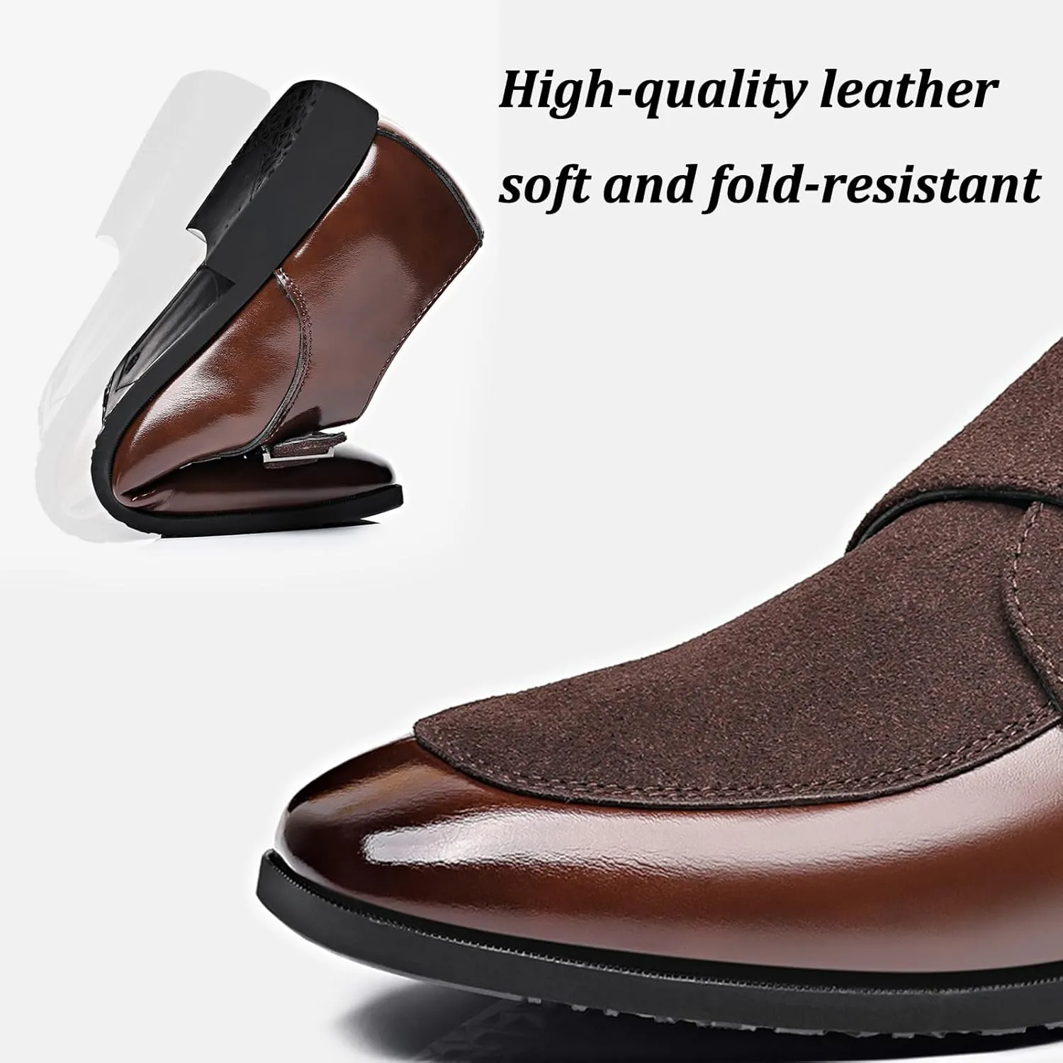 Men's Splicing Leather Low Heel Loafers Pointed Toe Monk Buckle Lightweight Non-Slip Slip On Casual Shoes for Work Business Dress Shoes
