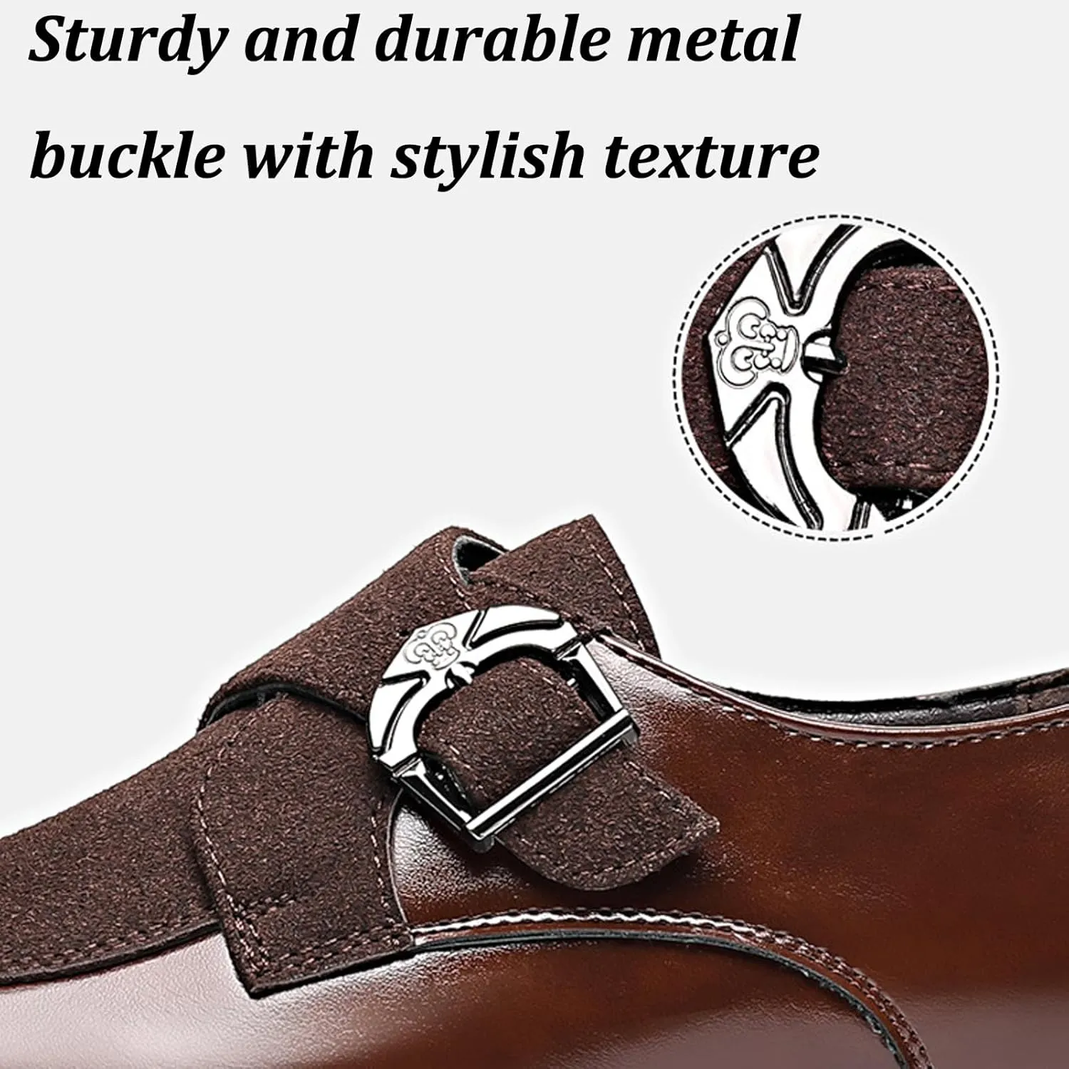 Men's Splicing Leather Low Heel Loafers Pointed Toe Monk Buckle Lightweight Non-Slip Slip On Casual Shoes for Work Business Dress Shoes
