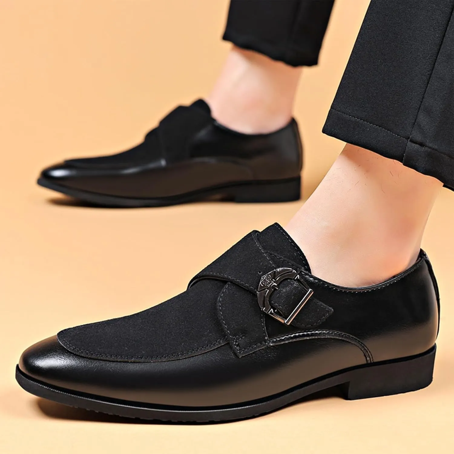 Men's Splicing Leather Low Heel Loafers Pointed Toe Monk Buckle Lightweight Non-Slip Slip On Casual Shoes for Work Business Dress Shoes