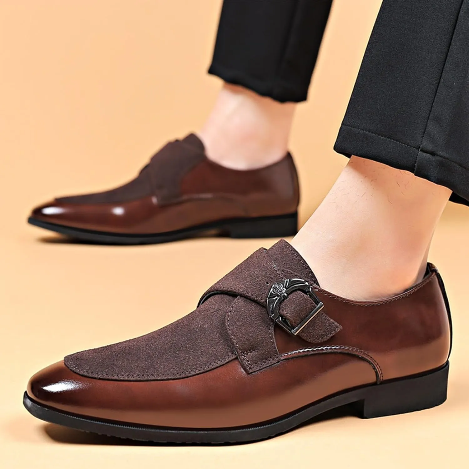 Men's Splicing Leather Low Heel Loafers Pointed Toe Monk Buckle Lightweight Non-Slip Slip On Casual Shoes for Work Business Dress Shoes