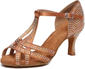 Minishion T-Strap Dance Shoes for Women Rhinestones Wedding Sandals