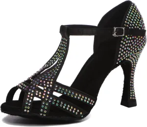 Minishion T-Strap Dance Shoes for Women Rhinestones Wedding Sandals