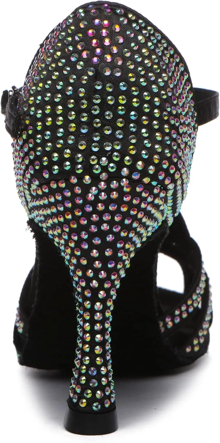 Minishion T-Strap Dance Shoes for Women Rhinestones Wedding Sandals