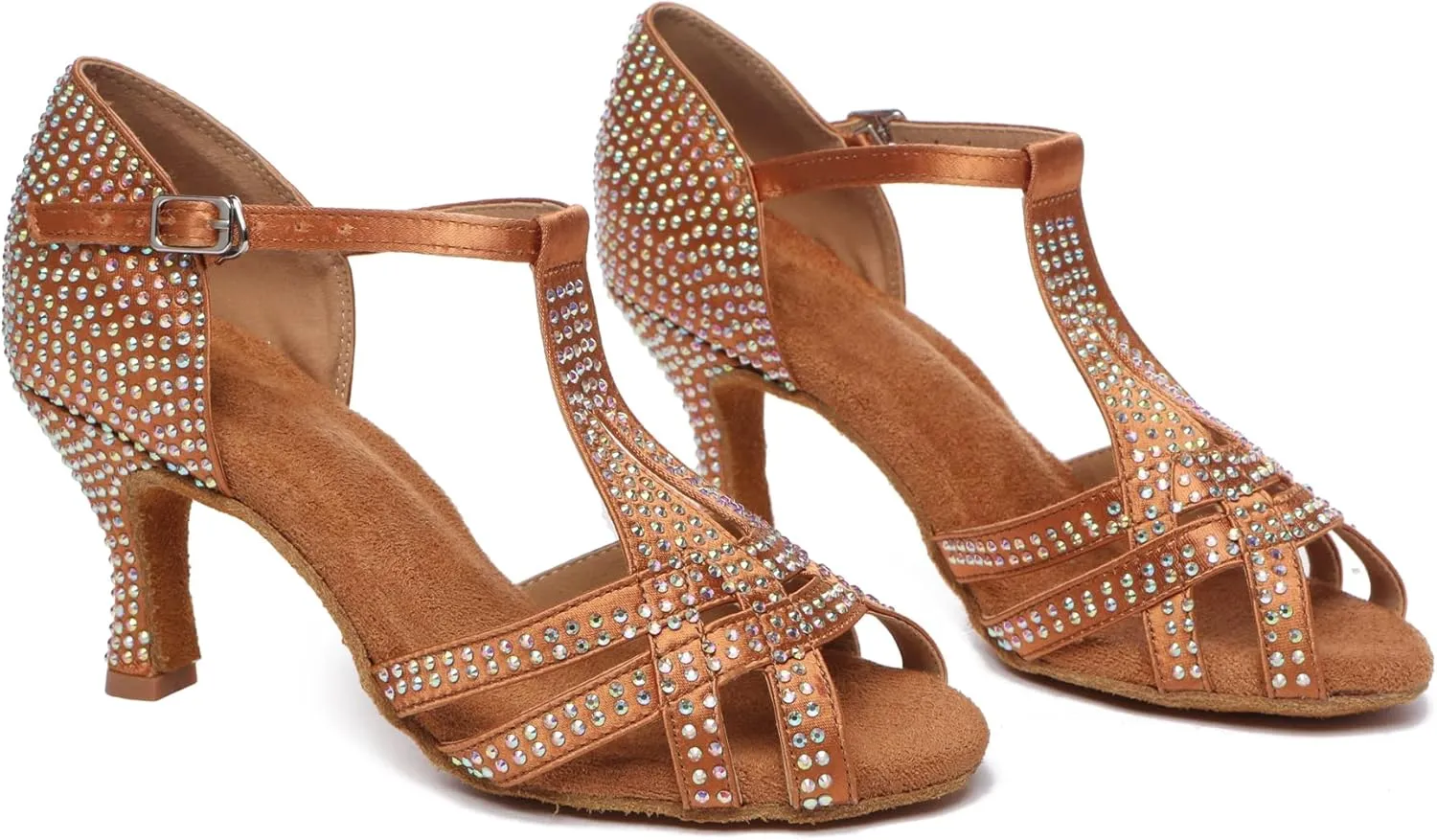 Minishion T-Strap Dance Shoes for Women Rhinestones Wedding Sandals