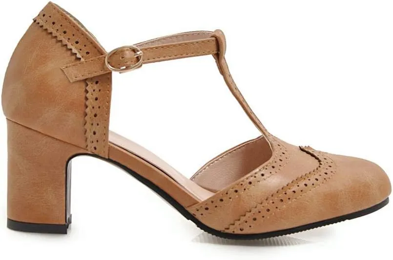 MIOKE Women's Vintage Mary Jane Pumps Round Toe Brogue Chunky Block Heel Classic Retro Dress Oxford Shoes