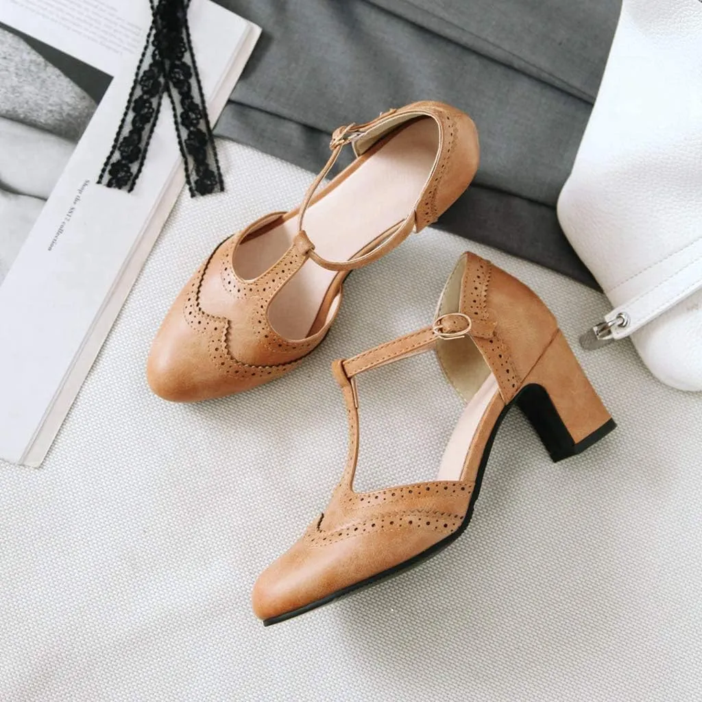 MIOKE Women's Vintage Mary Jane Pumps Round Toe Brogue Chunky Block Heel Classic Retro Dress Oxford Shoes