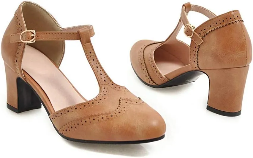 MIOKE Women's Vintage Mary Jane Pumps Round Toe Brogue Chunky Block Heel Classic Retro Dress Oxford Shoes