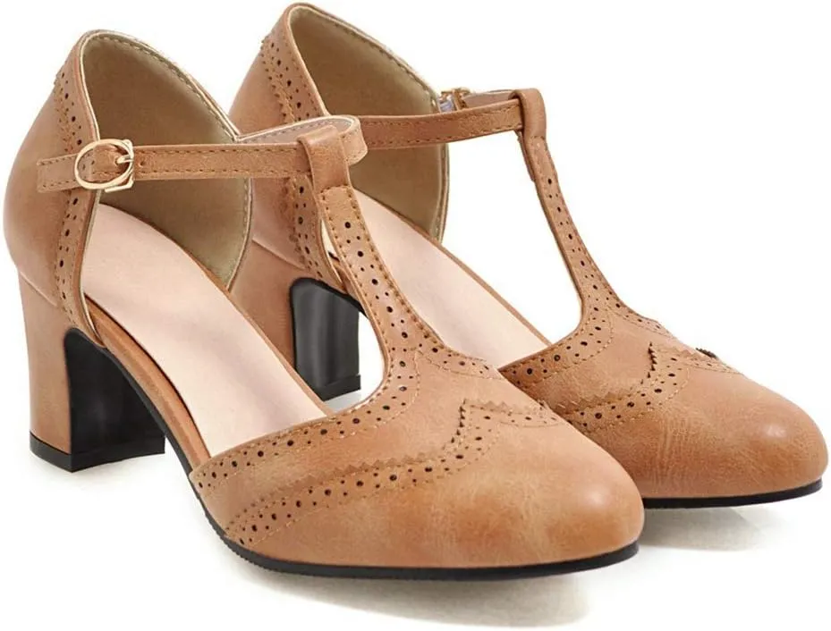 MIOKE Women's Vintage Mary Jane Pumps Round Toe Brogue Chunky Block Heel Classic Retro Dress Oxford Shoes