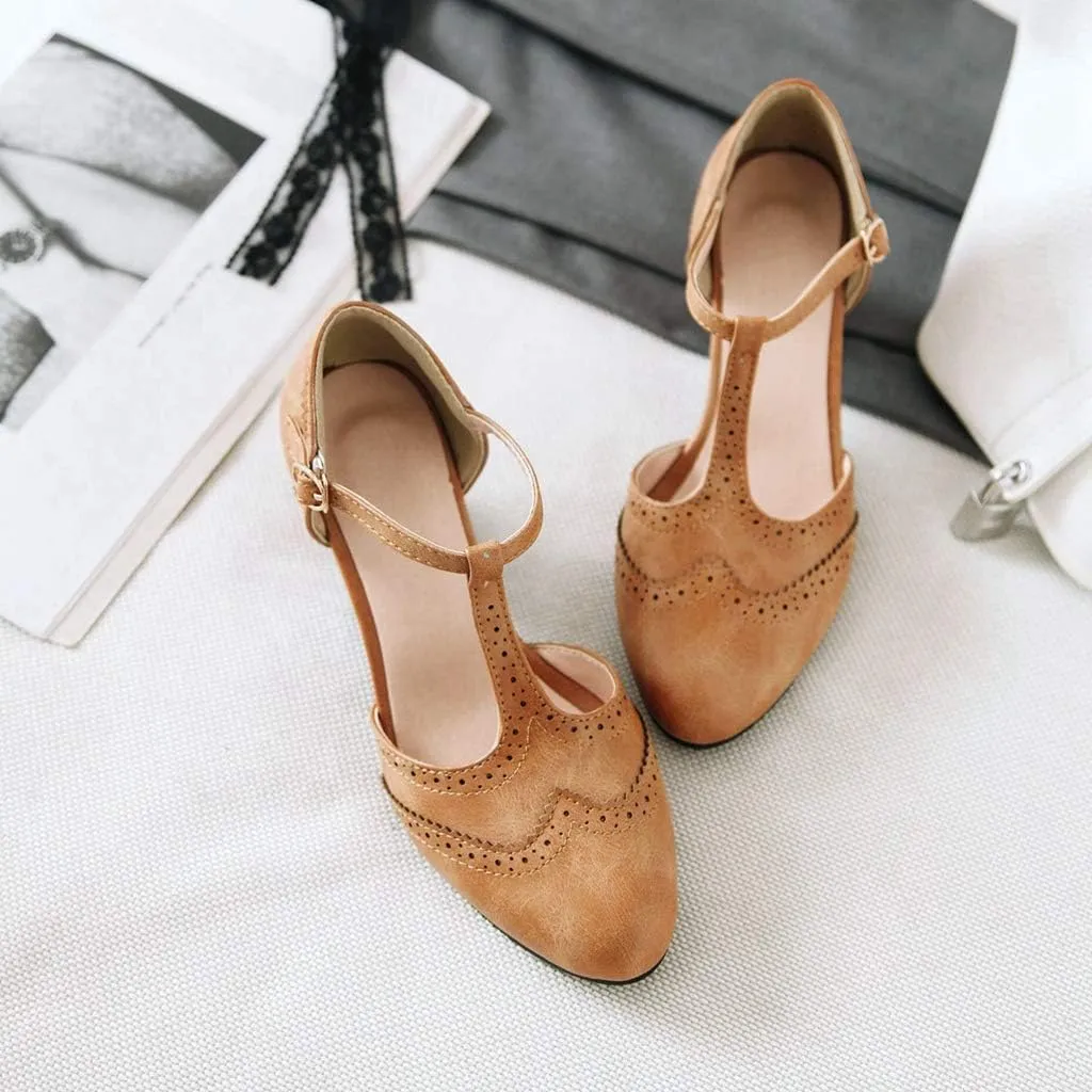MIOKE Women's Vintage Mary Jane Pumps Round Toe Brogue Chunky Block Heel Classic Retro Dress Oxford Shoes