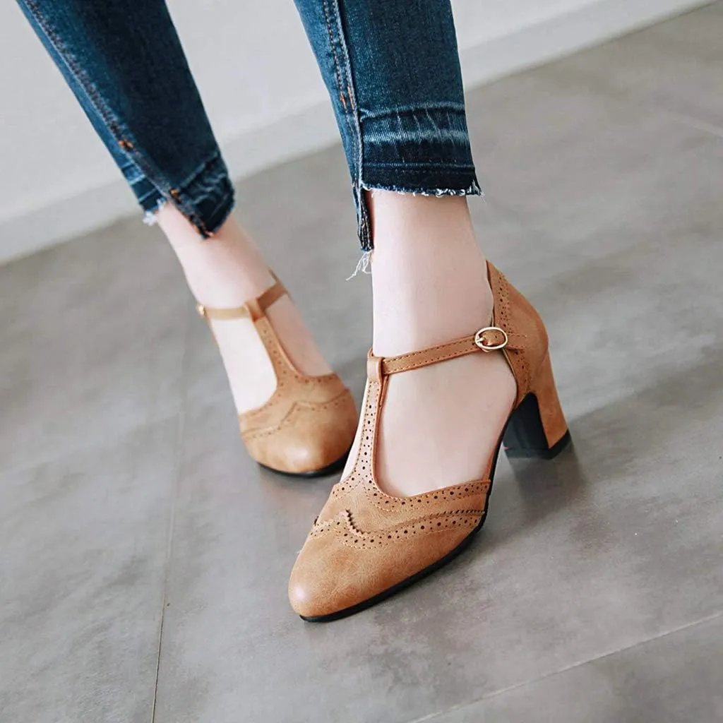 MIOKE Women's Vintage Mary Jane Pumps Round Toe Brogue Chunky Block Heel Classic Retro Dress Oxford Shoes