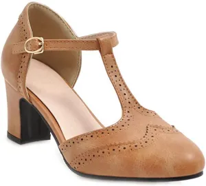 MIOKE Women's Vintage Mary Jane Pumps Round Toe Brogue Chunky Block Heel Classic Retro Dress Oxford Shoes