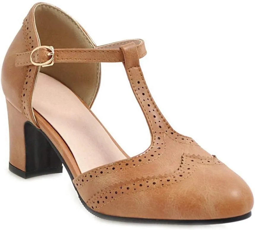 MIOKE Women's Vintage Mary Jane Pumps Round Toe Brogue Chunky Block Heel Classic Retro Dress Oxford Shoes