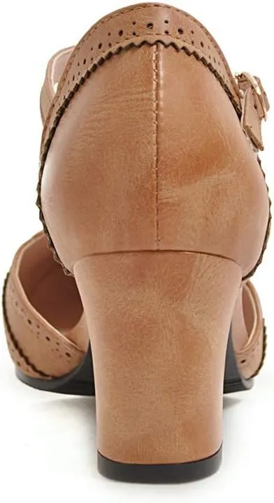 MIOKE Women's Vintage Mary Jane Pumps Round Toe Brogue Chunky Block Heel Classic Retro Dress Oxford Shoes
