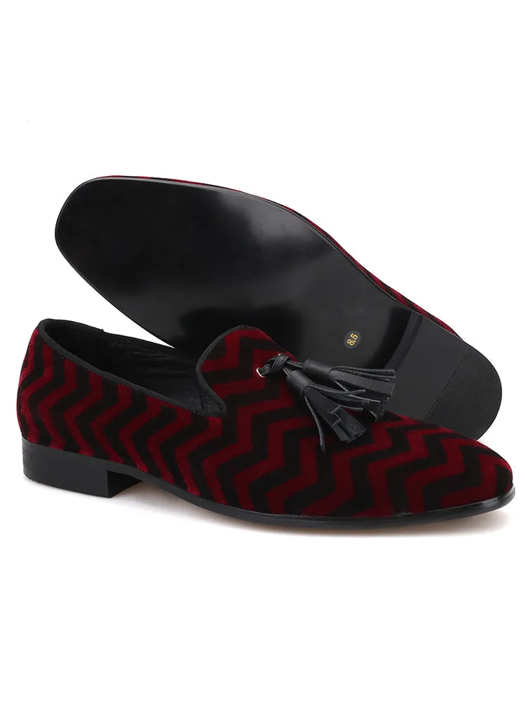 New color-blocked W plaid pattern men's tassel loafers European and American wedding party slip-on velvet shoes