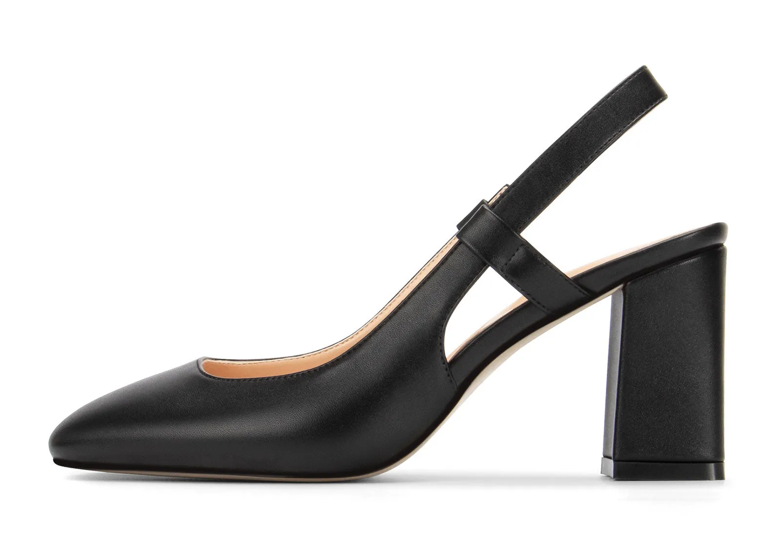 NobleOnly Womens Slingback Chunky Heels Pumps Comfortable Leather Square-Toe Block Mid-Heels Office Classic Shoes 7.5 cm Heel