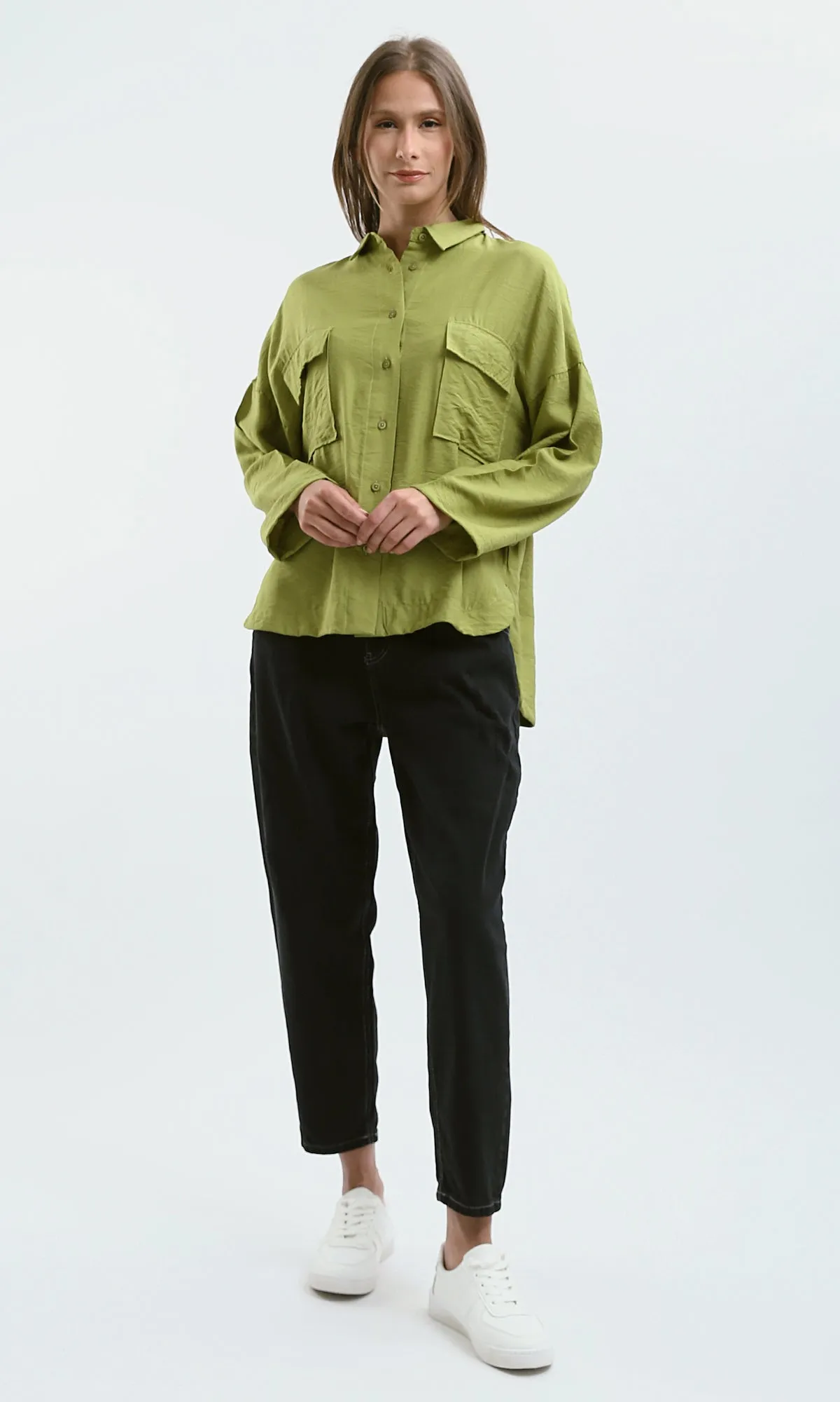 O179148 Drop-Shoulders Solid Apple Green Buttoned Shirt