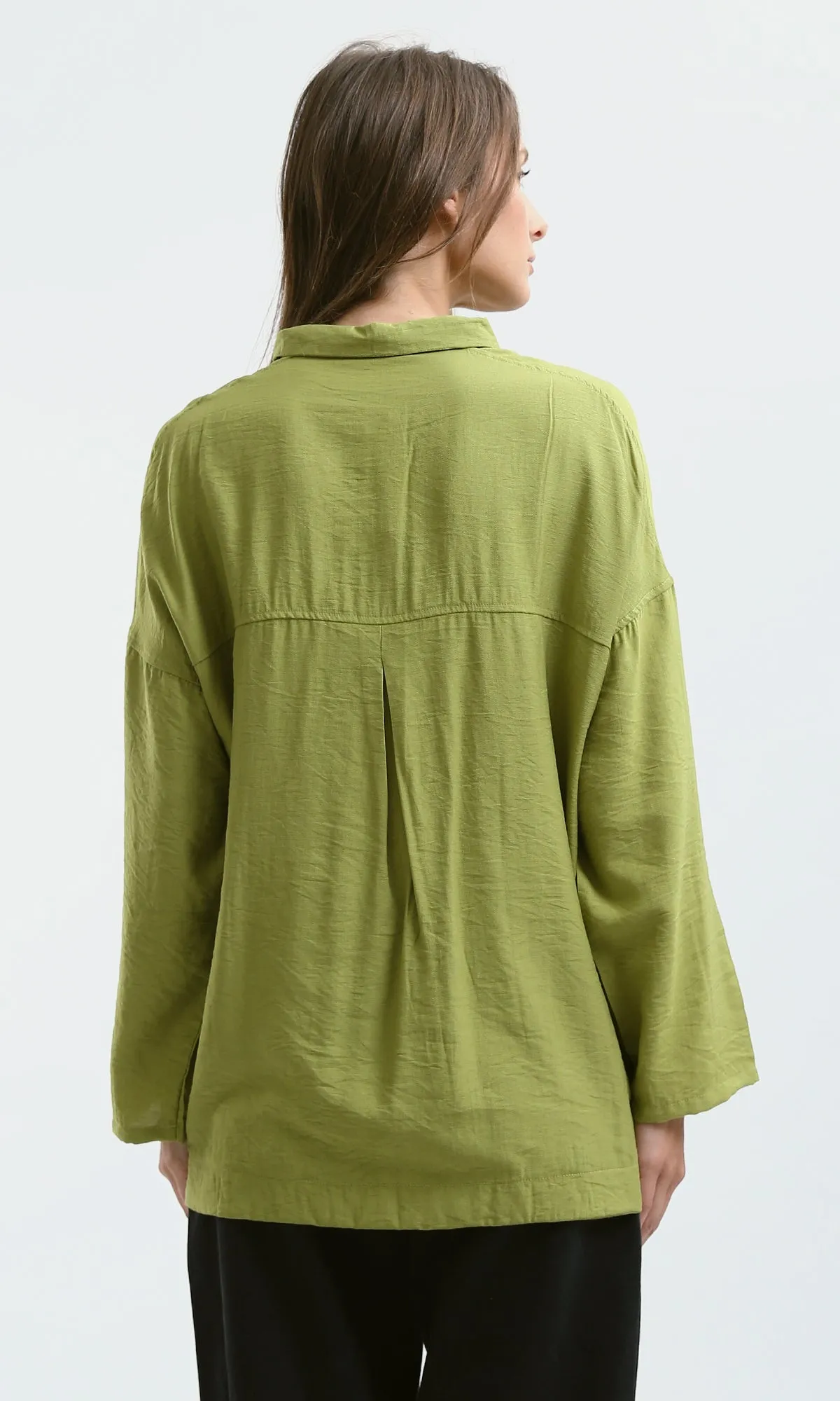 O179148 Drop-Shoulders Solid Apple Green Buttoned Shirt