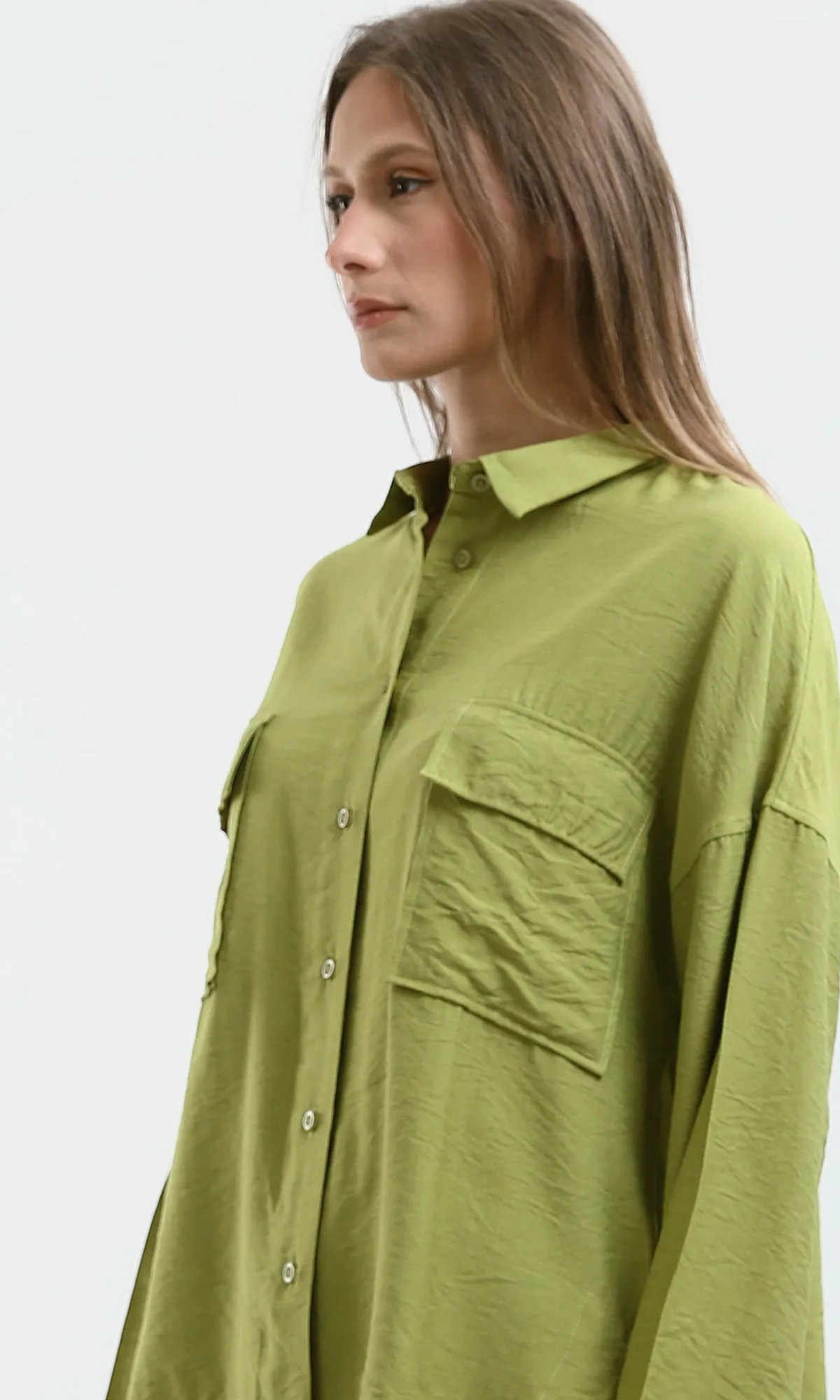 O179148 Drop-Shoulders Solid Apple Green Buttoned Shirt