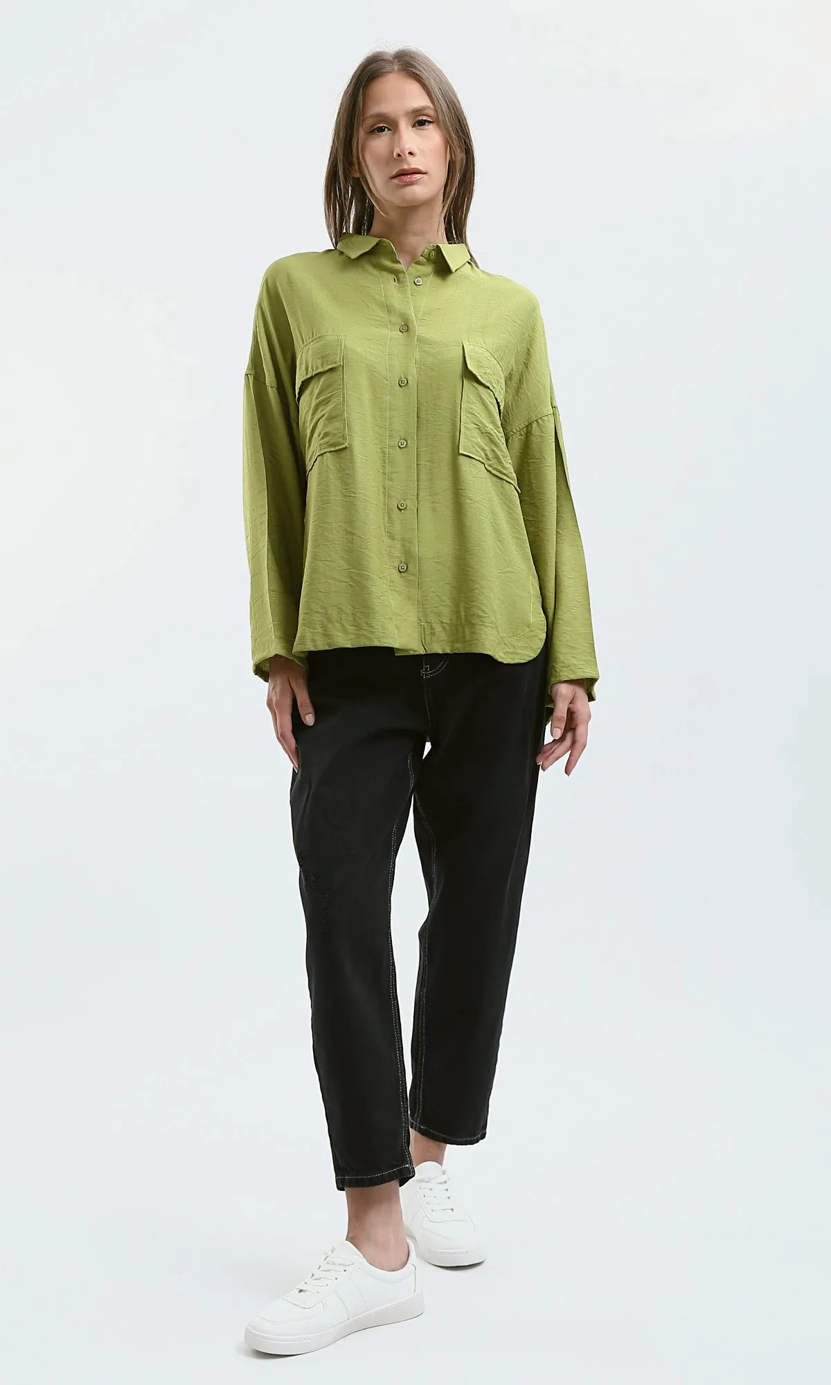 O179148 Drop-Shoulders Solid Apple Green Buttoned Shirt