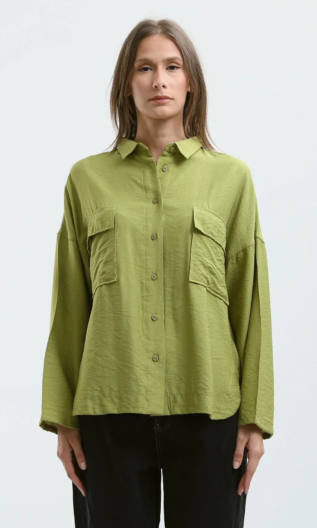 O179148 Drop-Shoulders Solid Apple Green Buttoned Shirt